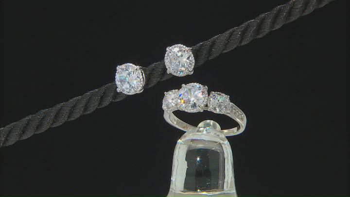 White Cubic Zirconia Rhodium Over Silver Ring and Earrings Set 7.36ctw Video Thumbnail