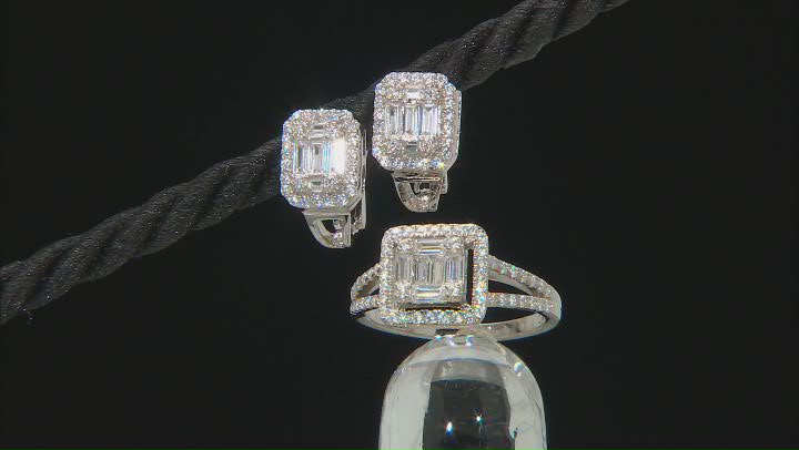 White Cubic Zirconia Platinum Over Sterling Silver Ring And Earring Set 2.45ctw Video Thumbnail