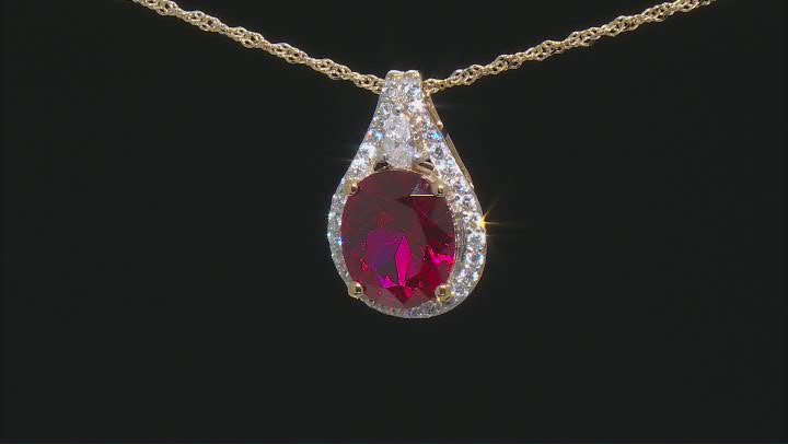 Lab Created Ruby And White Diamond Simulants 18k Yellow Gold Over Silver Pendant With Chain 6.03ctw Video Thumbnail