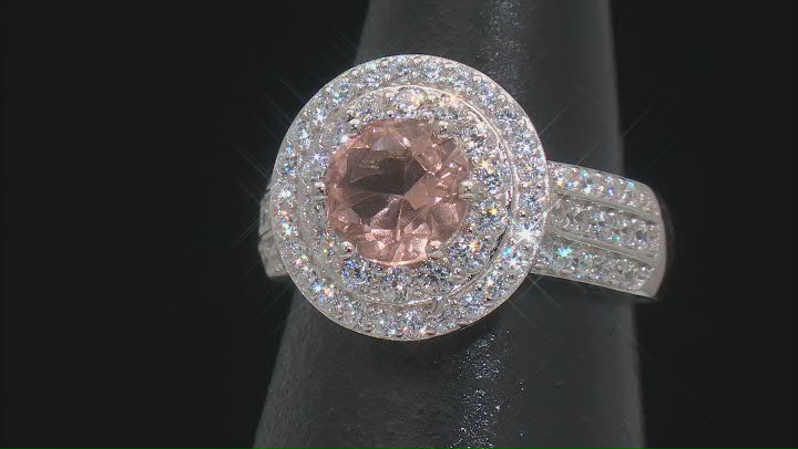 Morganite Simulant And White Cubic Zirconia Rhodium Over Sterling Silver Ring 4.57ctw Video Thumbnail