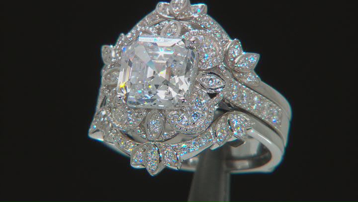 White Cubic Zirconia Platinum Over Silver Asscher Cut Ring With Guard 4.65ctw Video Thumbnail