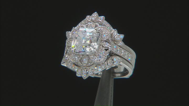 White Cubic Zirconia Platinum Over Silver Asscher Cut Ring With Guard 4.65ctw Video Thumbnail