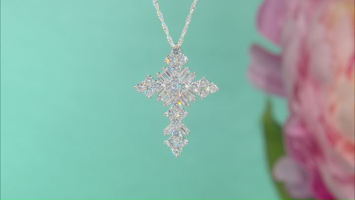 White Cubic Zirconia Platinum Over Sterling Silver Cross Pendant With Chain 5.44ctw Video Thumbnail