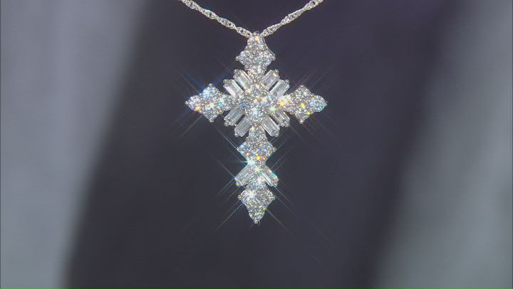 White Cubic Zirconia Platinum Over Sterling Silver Cross Pendant With Chain 5.44ctw Video Thumbnail