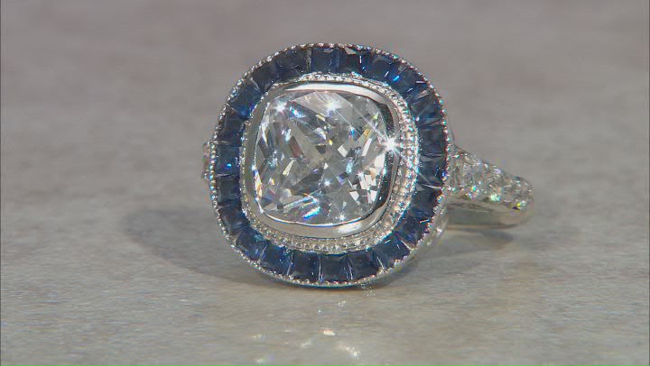 Blue Sapphire Simulant And White Cubic Zirconia Rhodium Over Sterling Silver Ring 7.18ctw Video Thumbnail