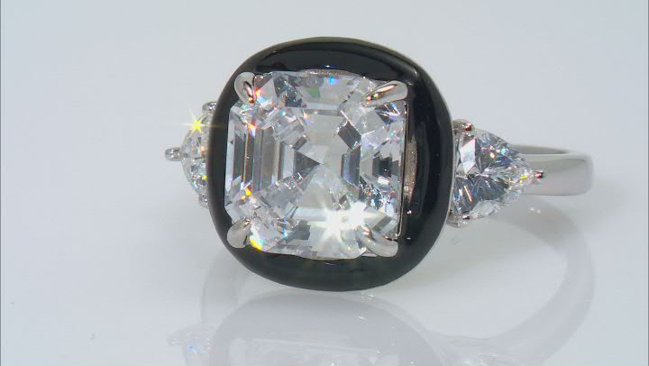 White Cubic Zirconia And Black Enamel Rhodium Over Sterling Silver Asscher Cut Ring 9.58ctw Video Thumbnail
