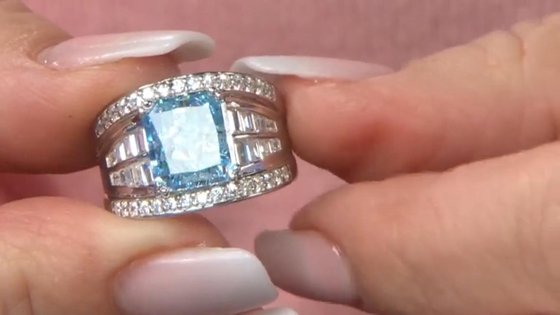 Blue And White Cubic Zirconia Rhodium Over Sterling Silver Starry Cut Ring 9.36ctw Video Thumbnail