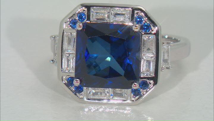 Blue Lab Created Sapphire and White Cubic Zirconia Rhodium Over Sterling Silver Ring 6.57ctw Video Thumbnail