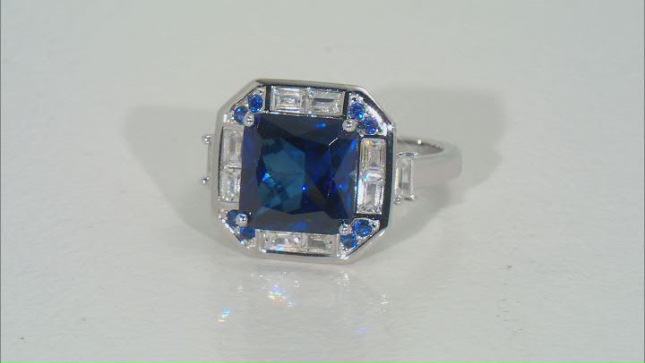 Blue Lab Created Sapphire and White Cubic Zirconia Rhodium Over Sterling Silver Ring 6.57ctw Video Thumbnail