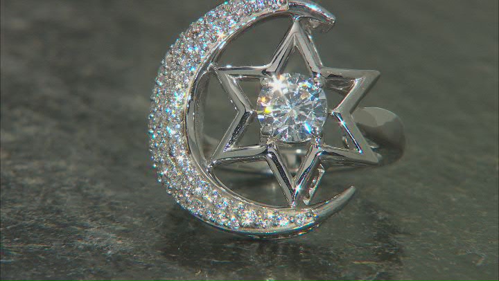 White Cubic Zirconia Rhodium Over Sterling Silver Moon and Star Ring 2.65ctw Video Thumbnail