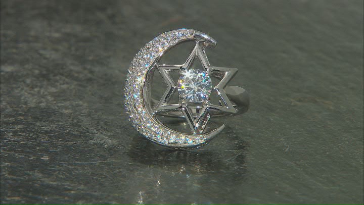 White Cubic Zirconia Rhodium Over Sterling Silver Moon and Star Ring 2.65ctw Video Thumbnail