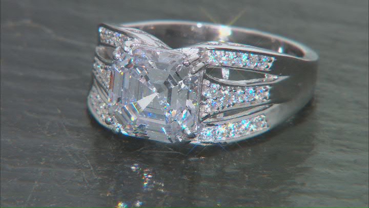 White Cubic Zirconia Rhodium Over Sterling Silver Asscher Cut Ring 6.13ctw Video Thumbnail
