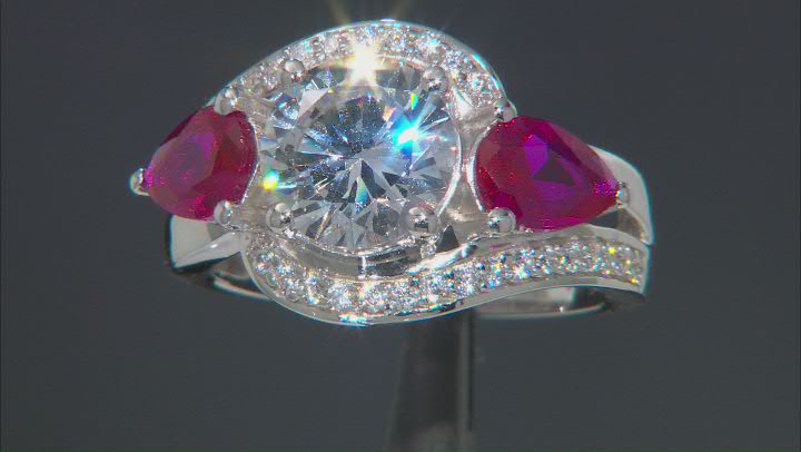 Lab Created Ruby And White Cubic Zirconia Platinum Over Sterling Silver Ring 5.10ctw Video Thumbnail