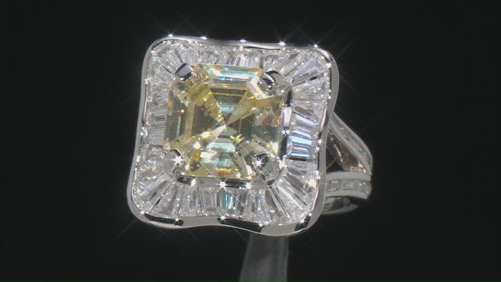 Canary And White Cubic Zirconia Rhodium Over Sterling Silver Asscher Cut Ring 11.33ctw Video Thumbnail