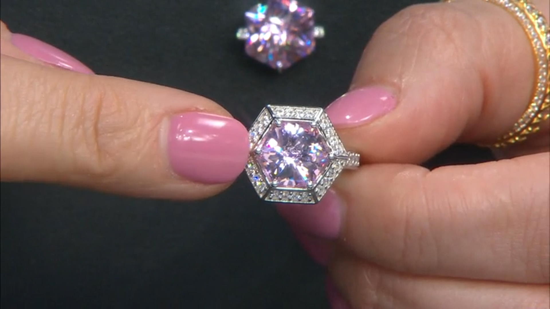 Pink And White Cubic Zirconia Rhodium Over Sterling Silver Hexagon Cut Ring 6.88ctw Video Thumbnail