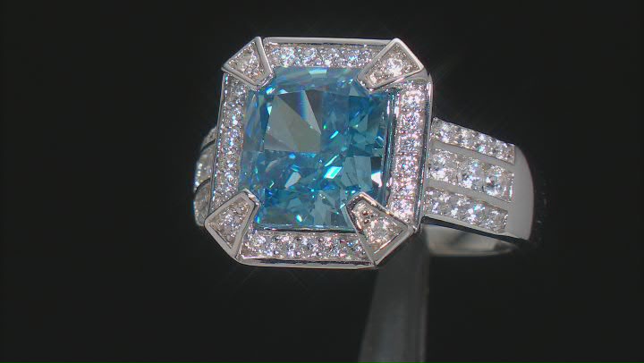 Blue And White Cubic Zirconia Rhodium Over Sterling Silver Starry Cut Ring 9.59ctw Video Thumbnail