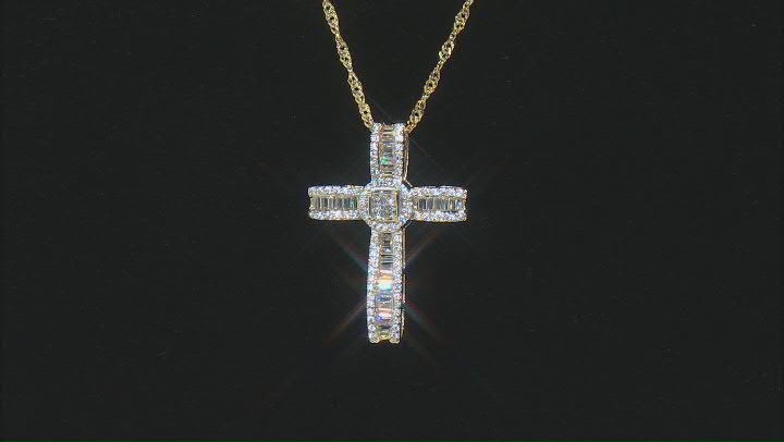 White Cubic Zirconia 18k Yellow Gold Over Sterling Silver Cross Pendant With Chain 1.10ctw Video Thumbnail