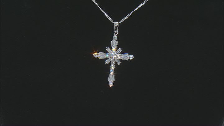 White Cubic Zirconia Platinum Over Sterling Silver Cross Pendant With Chain 4.09ctw Video Thumbnail
