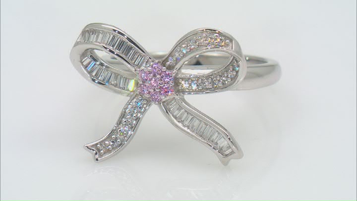 Pink And White Cubic Zirconia Rhodium Over Sterling Silver Bow Ring 0.55ctw Video Thumbnail