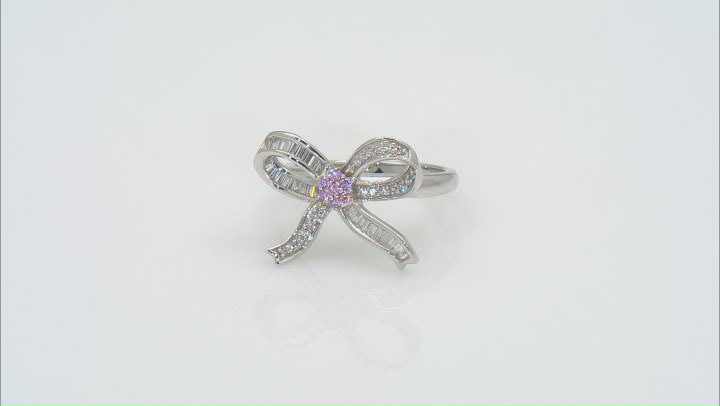 Pink And White Cubic Zirconia Rhodium Over Sterling Silver Bow Ring 0.55ctw Video Thumbnail