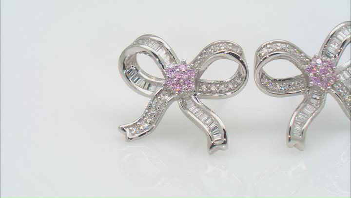Pink And White Cubic Zirconia Rhodium Over Sterling Silver Bow Earrings 0.85ctw Video Thumbnail