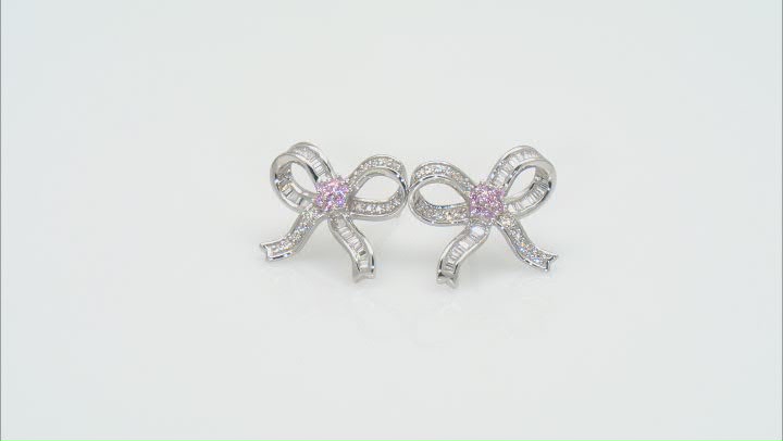 Pink And White Cubic Zirconia Rhodium Over Sterling Silver Bow Earrings 0.85ctw Video Thumbnail