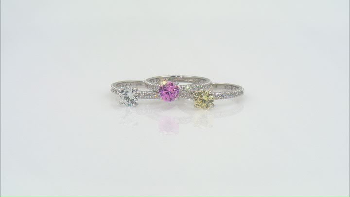 Pink, Canary, And White Cubic Zirconia Platinum Over Sterling Silver Ring Set 4.17ctw Video Thumbnail