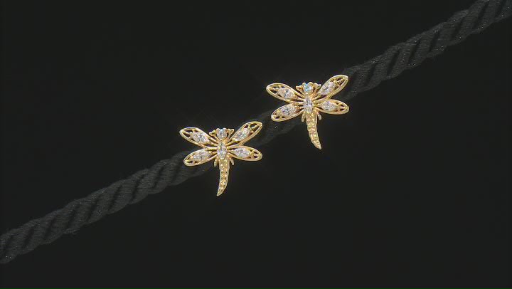 White Cubic Zirconia 18K Yellow Gold Over Sterling Silver Dragonfly Earrings 1.53ctw Video Thumbnail