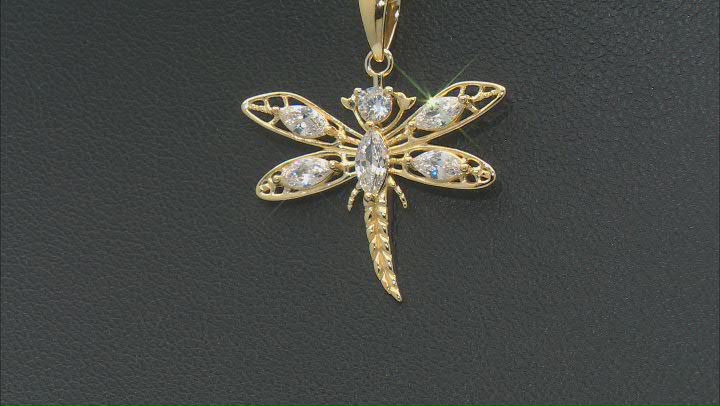 White Cubic Zirconia 18K Yellow Gold Over Sterling Silver Dragonfly Pendant With Chain 1.65ctw Video Thumbnail
