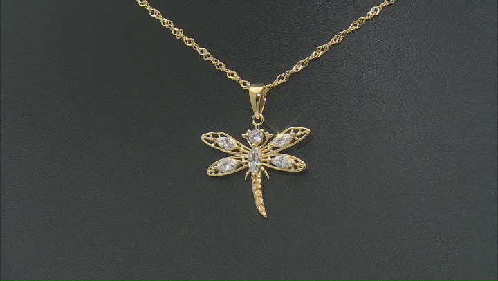 White Cubic Zirconia 18K Yellow Gold Over Sterling Silver Dragonfly Pendant With Chain 1.65ctw Video Thumbnail