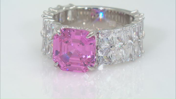 Pink And White Cubic Zirconia Rhodium Over Sterling Silver Asscher Cut Ring 19.48ctw Video Thumbnail