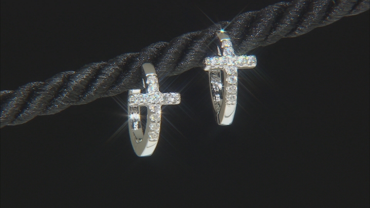 White Cubic Zirconia Rhodium Over Sterling Silver Cross Huggie Hoop Earrings 0.33ctw Video Thumbnail