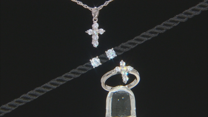 White Cubic Zirconia Rhodium Over Silver Cross Ring, Earring, And Pendant With Chain Set 4.08ctw Video Thumbnail