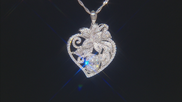 White Cubic Zirconia Rhodium Over Sterling Silver Floral Heart Pendant With Chain 6.73ctw Video Thumbnail