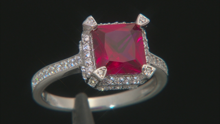 Lab Created Ruby and White Cubic Zirconia Rhodium Over Sterling Silver Ring 3.86ctw Video Thumbnail