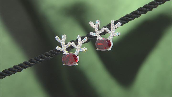 Red and White Cubic Zirconia Rhodium Over Sterling Silver Reindeer Earrings 10.32ctw Video Thumbnail