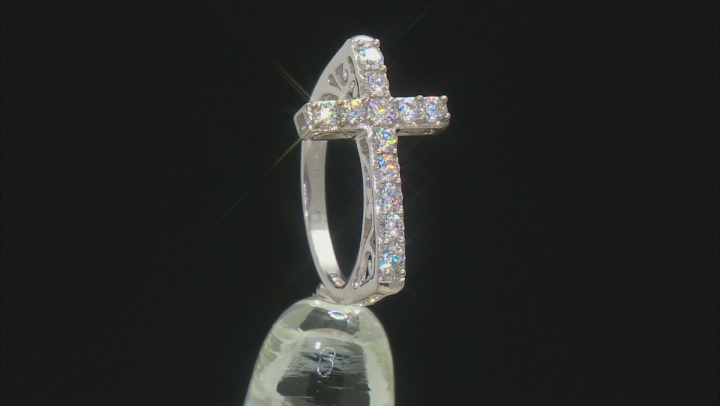 White Cubic Zirconia Rhodium Over Sterling Silver Cross Ring 1.35ctw Video Thumbnail