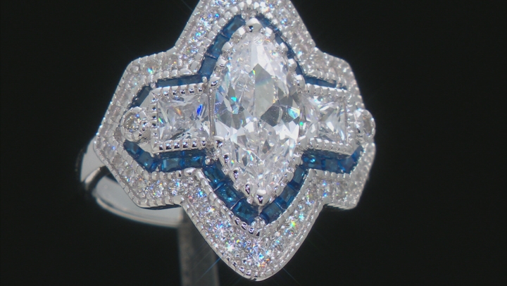 White Cubic Zirconia And Lab Created Blue Spinel Rhodium Over Silver Ring 5.27ctw Video Thumbnail