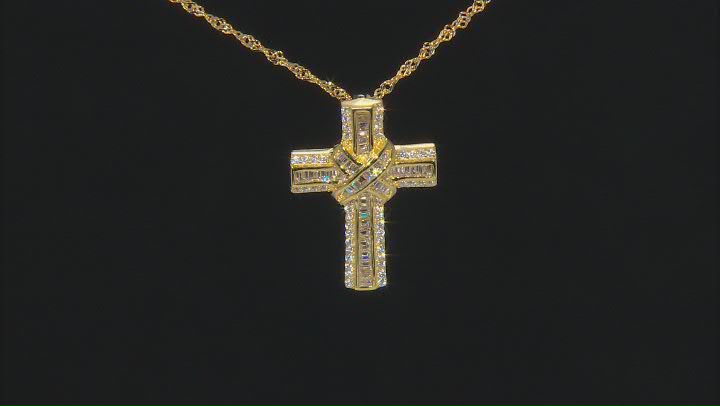 White Cubic Zirconia 18K Yellow Gold Over Sterling Silver Cross Pendant With Chain 1.60ctw