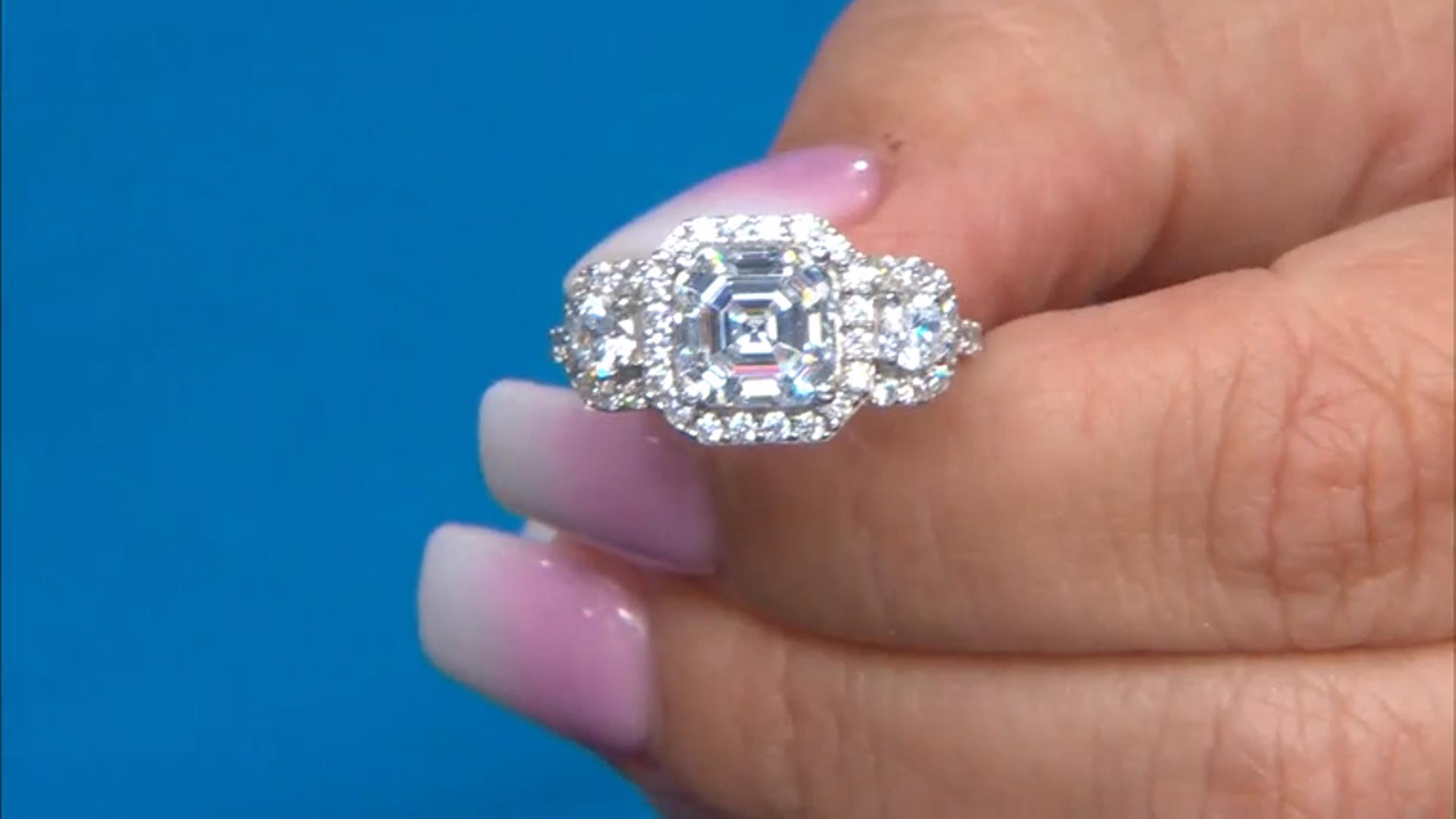 White Cubic Zirconia Platinum Over Sterling Silver Asscher Cut Ring 6.36ctw Video Thumbnail