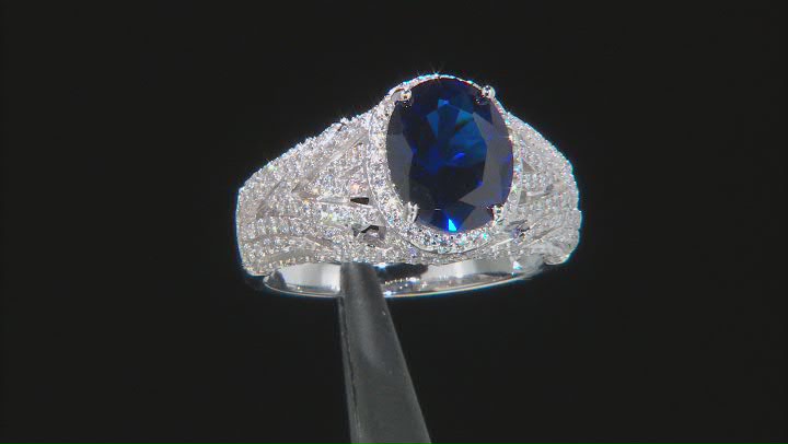 Blue Lab Created Spinel And White Cubic Zirconia Rhodium Over Sterling Silver Ring 5.53ctw Video Thumbnail
