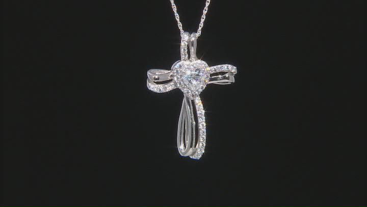 Cubic Zirconia Rhodium Over Sterling Silver Cross Heart Pendant With Chain 2.31ctw (1.31ctw DEW) Video Thumbnail