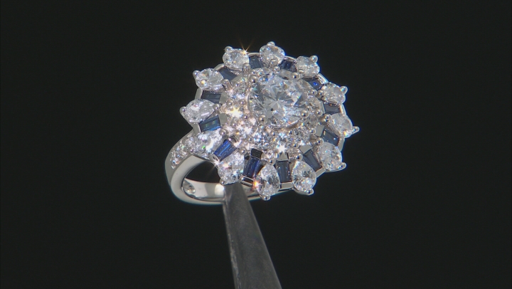 Blue And White Cubic Zirconia Rhodium Over Sterling Silver Ring 6.25ctw