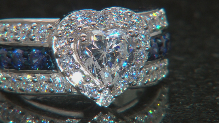 Blue And White Cubic Zirconia Rhodium Over Silver Heart Ring 5.13ctw Video Thumbnail