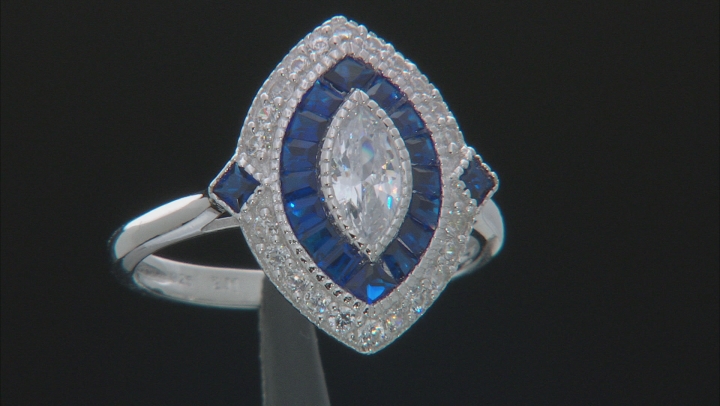 Blue Lab Created Spinel And White Cubic Zirconia Rhodium Over Sterling Silver Ring 1.62ctw Video Thumbnail