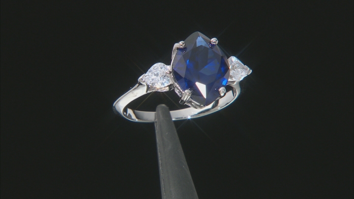 Blue Lab Created Sapphire And White Cubic Zirconia Rhodium Over Silver Heart Ring 5.49ctw