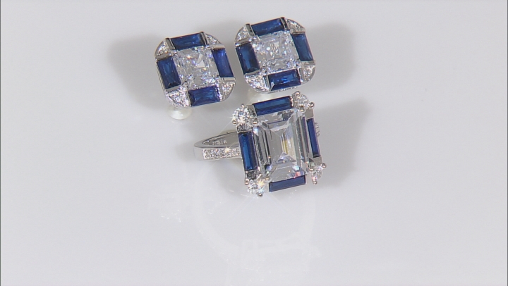 Lab Created Blue Spinel And White Cubic Zirconia Rhodium Over Sterling Silver Set 10.98ctw Video Thumbnail