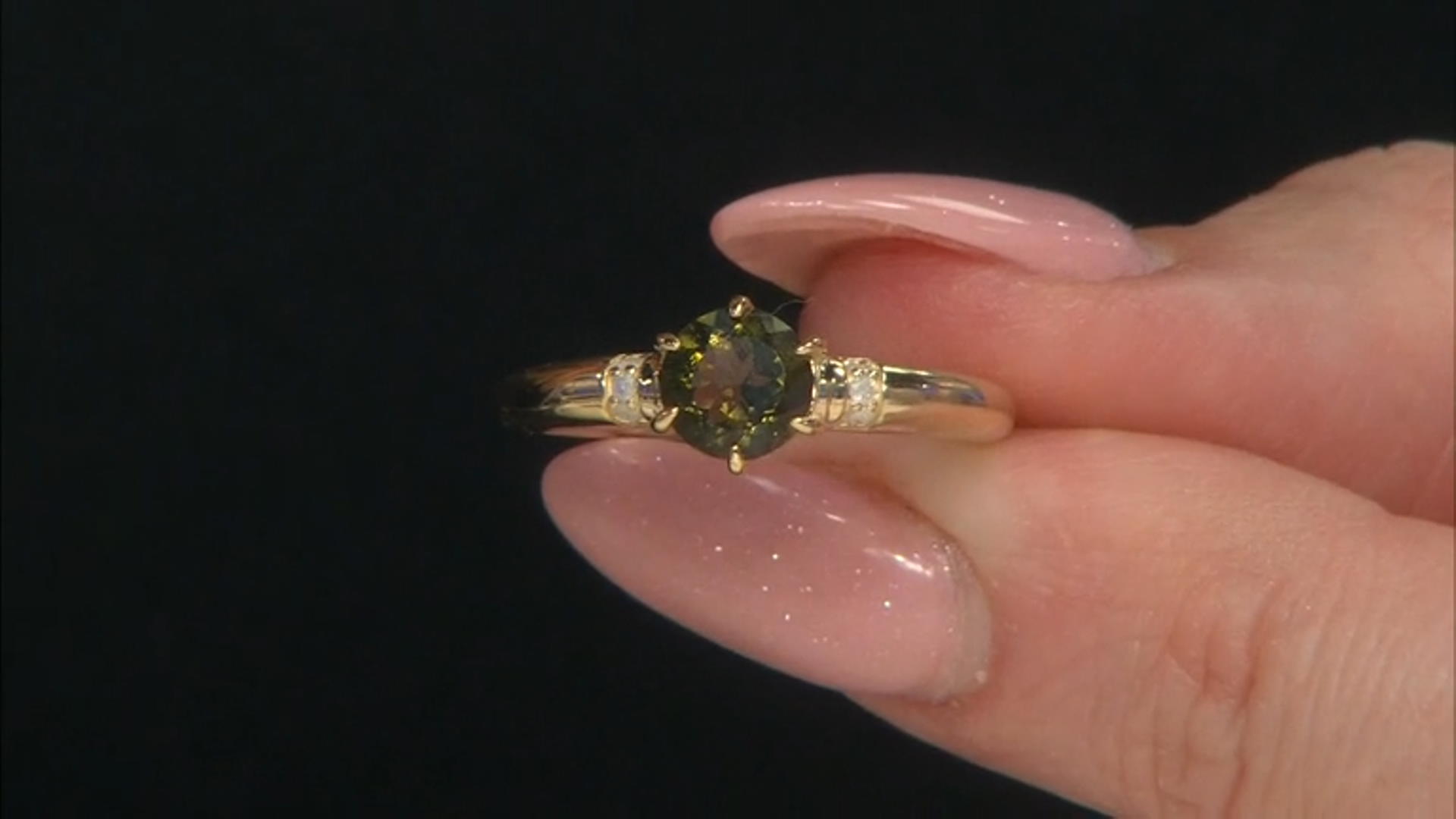 Green Moldavite With White Diamond 10k Yellow Gold Ring 0.60ctw Video Thumbnail