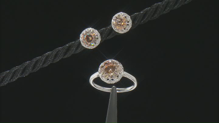 Champagne And White Cubic Zirconia Rhodium Over Sterling Silver Ring And Earring Set 6.51ctw Video Thumbnail