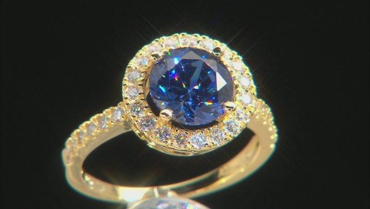 Blue and White Cubic Zirconia 18k Yellow Gold Over Sterling Silver Ring 3.88ctw Video Thumbnail